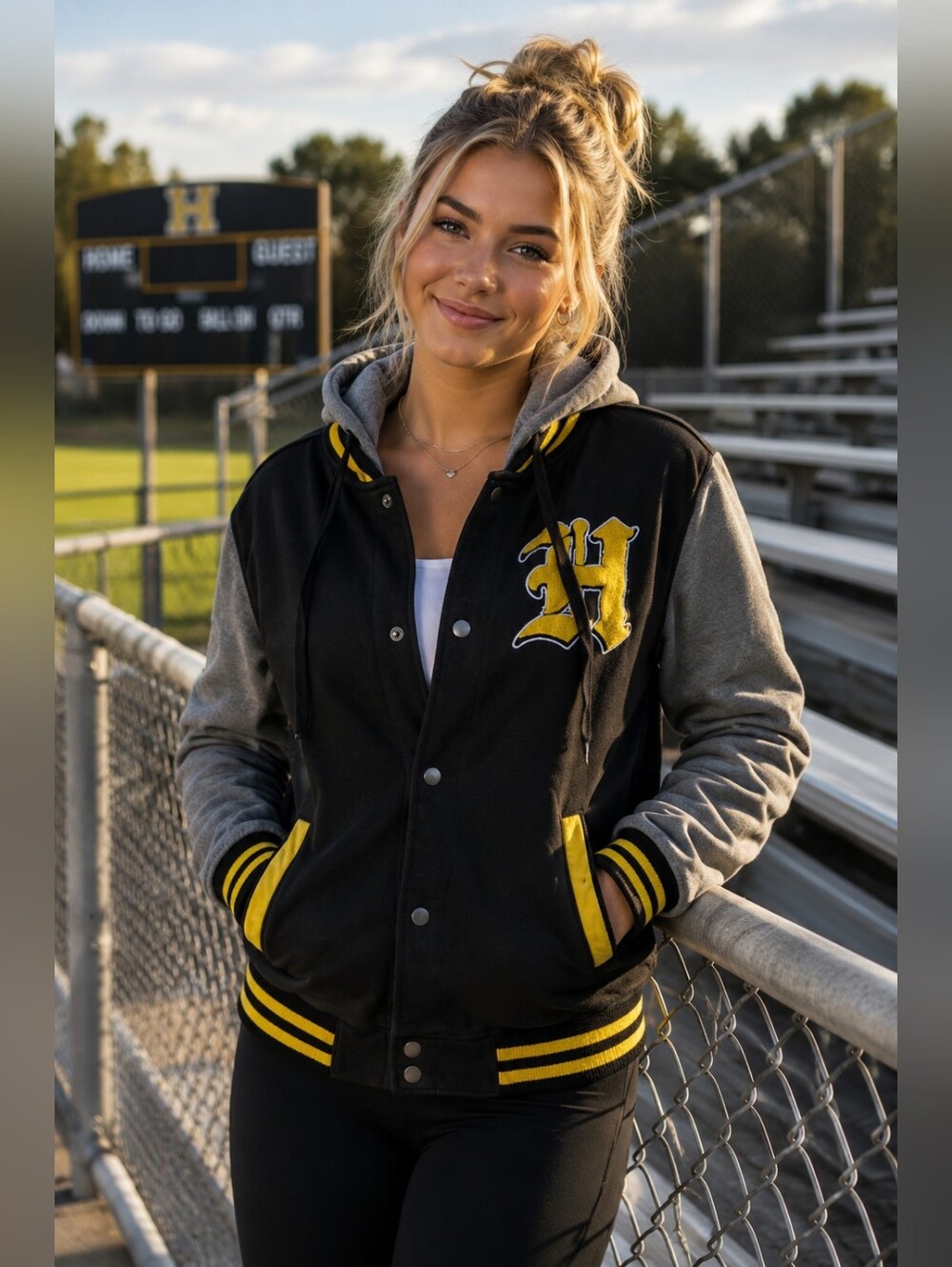 Harry Potter Hufflepuff Hooded Varsity Jacket Women's Medium Black Gray Yellow M